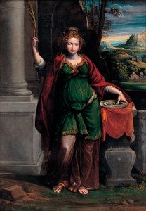 سانت لوسيا (من سيراكيوز) (أوائل القرن الرابع) ممسكة بصينية ذات عينين (سانت لوسي) - رسم بنفينوتو تيسي دا جاروفالو (إل جارولافو) (1481-1559) ، زيت على خشب ، 63 × 44 سم بواسطة Benvenuto Tisi da Garofalo