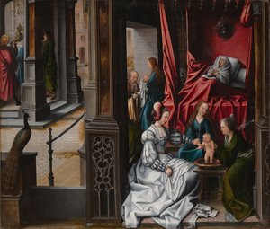 ولادة وتسمية القديس يوحنا المعمدان ، كاليفورنيا. 1514-15. بواسطة برنارد فان أورلي
