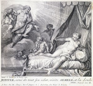 كوكب المشتري (زيوس) يحرق سيميل ببرقه. نقش من القرن الثامن عشر بعد رسم بي. بيكارت عام 1708. بواسطة برنارد (بعد) بيكارت