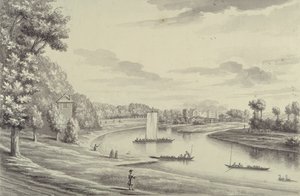 منظر غربي لعبارة هامبتون كورت وكنيسة هامبتون على مسافة 1731-1733 (قلم جاف وحبر أسود وغسلها على ورق ممدد) بواسطة عدسة برنارد الثالث