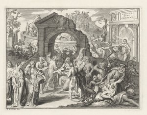 رسم كاريكاتوري في معركة المسرح ، حوالي 1685 بواسطة برنارد بيكارت (منسوب إلى)