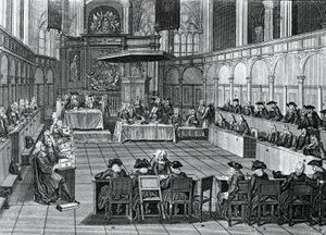 Protestant Synod held in 1730 in Nieuwe Kerk (New Church) in Amsterdam, Netherlands, engraving by Bernard Picart (1673-1733) بواسطة برنارد بيكارت
