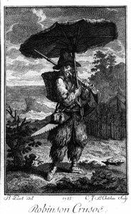 تمثيل روبنسون كروزو على جزيرته الصحراوية. نقش برنارد بيكارت (1673-1733) يوضح رواية دانيال ديفو أو دي فو (1660-1731)