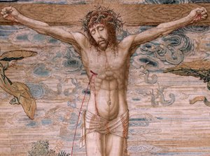 نسيج الفلمنكية. سلسلة ديس شارل الخامس (بالداشين مارغريت النمسا). المسيح الرحمة (Cristo de la Misericordia). لوحة نسيج خلف المنصة. نموذج برنارد فان أورلي (1491-1542). تصنيع بيتر دي بانميكر، بروكسل. 1518-1524. قماش ز بواسطة برنارد فان أورلي