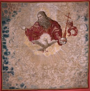 نسيج فلمنكي. سلسلة Dais of Charles V (Baldachin of Margaret of Austria). الله الآب والروح القدس (El Padre Eterno y el Espíritu Santo). نسيج من المنصة. الموديل برنارد فان أورلي (1491-1542). مصنع Pieter de Pannemaker ، بواسطة برنارد فان أورلي