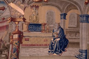 نسيج فلمنكي. سلسلة The Legend of the Madonna of the Sablon (The Legend of Our Lady of the Sablon). وصول تمثال مادونا. صنع بروكسل. رسام الكاريكاتير باريند فان أورلي بواسطة برنارد فان أورلي