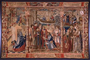 نسيج فلمنكي. سلسلة The Legend of the Madonna of the Sablon (The Legend of Our Lady of the Sablon). يأتي تمثال مادونا إلى كنيسة سابلون بواسطة برنارد فان أورلي
