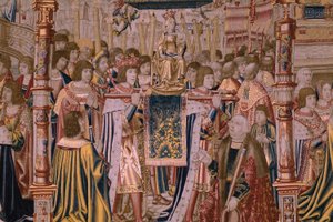 نسيج فلمنكي. سلسلة The Legend of the Madonna of the Sablon (The Legend of Our Lady of the Sablon). وصول تمثال مادونا. صنع بروكسل. رسام الكاريكاتير باريند فان أورلي بواسطة برنارد فان أورلي