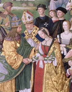 يقدم إينيس سيلفيوس بيكولوميني (1405-64) إليونورا من أراغون إلى فريدريك الثالث (1415-1993) بواسطة برناردينو دي بيتو بينتوريتشيو