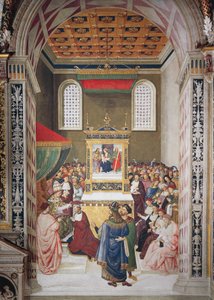إيطاليا ، سيينا ، الكاتدرائية ، مكتبة Piccolomini ، Enea Silvio Piccolomini تلقي قبعة الكاردينال من Calixtus III ، تفاصيل من Stories of Pius II بواسطة برناردينو دي بيتو بينتوريتشيو
