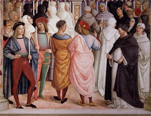 أعلن بيوس الثاني قداسة القديسة كاثرين من سيينا عام 1461. التفاصيل - فريسكو بواسطة برناردينو دي بيتو بينتوريتشيو