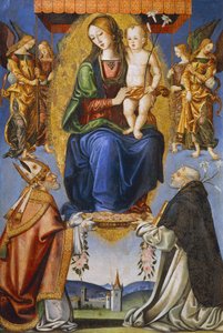 Madonna and Child with St Severino and Dominic (tempera on canvas) بواسطة برناردينو دي ماريوتو