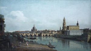 تُرى دريسدن من الضفة اليمنى لـ Elbe ، تحت جسر Augusts ، 1748 بواسطة برناردو بيلوتو (كاناليتو)
