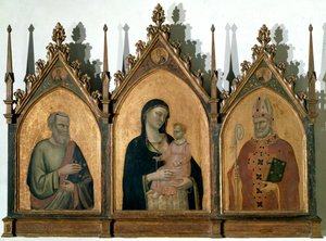 ثلاثية القديسين أو مادونا والطفل بين القديس ماثيو الإنجيلي وسانت نيكولاس من باري - تمبرا على لوحة بواسطة برناردو دادي
