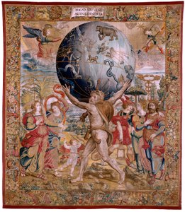 نسيج فلمنكي. مسلسل The Spheres. هرقل يدعم الكرة السماوية (Hércules sostiene la esfera celeste). النسيج الأول في السلسلة. عارضة الأزياء باريند فان أورلي أو بيتر كويك فان إيلست. 1525-1530. المصنع Joris Vezeleer (Georg Wezeler) ؟، ب