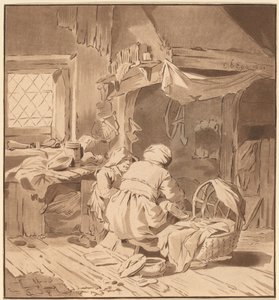 داخل منزل فلاح مع امرأتين ، 1772 ، نُشر عام 1787. بواسطة برنارد شرودر
