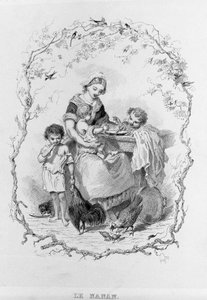 النان: أم شابة تقدم الطعام لأطفالها الثلاثة في فيلم "La Physiologie du Gout" للفنان Brillat - Savarin والذي رسمه Bertal. باريس 1840. جان أنثلم بريلات سافارين (بريات سافارين) (1755-1826) الطعام الفرنسي. بواسطة بيرتال