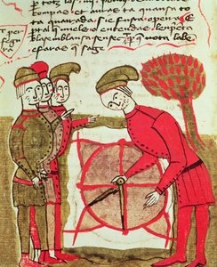 Ms 327 fol.216v مساحون يعملون بخطة وبوصلات ، من Traite dArpentage بقلم أرنود دي فيلنوف (1240-1312)