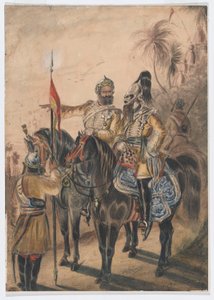ضابطان راكبان وسوار راحل ، سلاح الفرسان البنغال غير النظامي الرابع ، حوالي 1850 (ألوان مائية) بواسطة بيثون دونالد جرانت