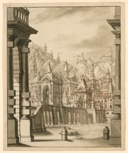 تصميم المرحلة ، تاون أون هيل مع المباني ذات الأبراج بواسطة عائلة بيبينا ، 1657