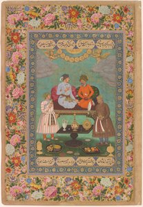 جهانجير يسلّي الشاه عباس من ألبوم سانت بطرسبرغ، حوالي 1620 (ألوان مائية وذهبية وحبر على ورق) بواسطة Bishandas