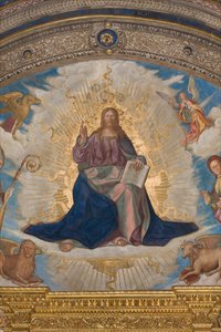 Apse ، Catino Apse ، Boccaccio Boccaccino ، Pantocrator بين القديسين Marcellino ، Imerio ، Omobono ، Peter Exorcist ، التفاصيل Pantocrator بواسطة بوكاتشيو بوكاتشينو