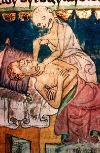 a mortal etranglant un pestifere - Death Strangling a Victim of the Plague - Miniature extraite du codex Stini، Boheme بواسطة المدرسة البوهيمية