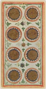 The Eight of Coins ، طبق من بطاقة التارو من سطح السفينة "Visconti" بواسطة Bonifacio (Attr.) (بعد) Bembo