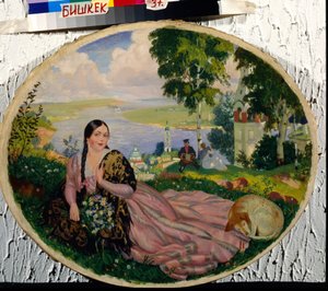 شابة على نهر الفولغا - فتاة في نهر الفولغا - لوحة بوريس كوستودييف (كوستودييف) (1878-1927) ، زيت على قماش بواسطة بوريس ميخائيلوفيتش كوستودييف