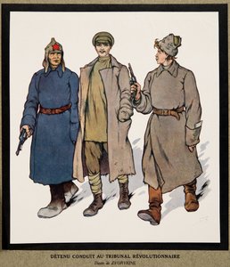 إحالة المعتقل إلى محكمة ثورية ؛ من Histoire des Soviets، pub. 1922 (لون ليثو)