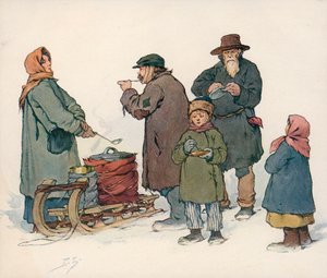 Woman selling hot soup on the street in Soviet Russia (colour litho)
