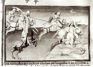 السيدة 2810 القائد المغولي ، هولاكو ، خان من Ilkhanate يطارد ابن عمه ، Berke ، خان من Kipchak أو Golden Horde في 1262 ، مما أجبره على الدخول إلى نهر ، من Livre des Merveilles du Monde ، c.1410-