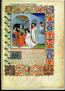 السيدة الأب 2810 ص 2226 ، يقدم الأخ هايتون كتابه إلى جان سان بيور ، من "ليفر دي ميرفيل دو موند" ، c.1410-12 (درجة الحرارة على 1vellum)