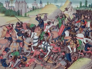 السيدة 5089-90 معركة بين المسلمين والمسيحيين خلال الحروب الصليبية ، من Chroniques des empereurs بقلم ديفيد أوبيرت ، 1462