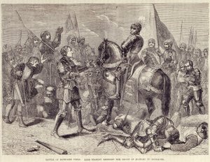 معركة ميدان بوسورث. اللورد ستانلي يجلب تاج ريتشارد الثالث إلى ريتشموند (1485): نهاية حرب الوردتين - في "" تاريخ إنكلترا المصور لكاسيل "، المجلد. الثاني ، بقلم ويليام هوويت بواسطة المدرسة البريطانية