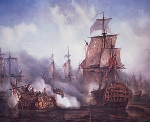 معركة ترافالغار عام 1805 (لون ليثو) بواسطة المدرسة البريطانية
