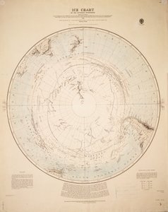 مخطط جليدي لنصف الكرة الأرضية الجنوبي تم تجميعه من رحلات كوك 1772-1772، وبيلينغسهاوزن 1819-1821، وشاكلتون 1908-1908 بواسطة المدرسة البريطانية