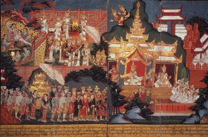 أو 14297 صفحة 6-7 ولادة مستقبل بوذا ، حوالي 1800 - 20 (غواش على ورق) بواسطة المدرسة البورمية