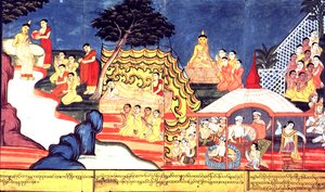 أو 14298 صفحة 16-17 حمامات بوذا ، حوالي 1800-20 (جواش على ورق) بواسطة المدرسة البورمية