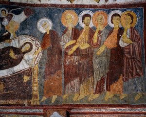 رقاد السيدة العذراء بين الرسل ، التفاصيل ، لوحة جدارية بيزنطية (القرن الثالث عشر) ، جولشهير كارسي كيليز (كنيسة القديس يوحنا) ، جوريم (قائمة اليونسكو للتراث العالمي بواسطة البيزنطية