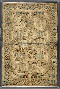 Egerton MS 1139 الغلاف العلوي بمناظر من حياة داود ، "سفر الملكة ميليسيندي" ، القدس ، حوالي 1131-40 (عاجي وفيروزي) بواسطة البيزنطية