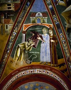 St Nicola, stories of life of St Eldrad and St Nicholas, St Eldrado turned towards St James of Compostela: receiving a monastic habit from Abbot of Novalesa, detail بواسطة البيزنطية