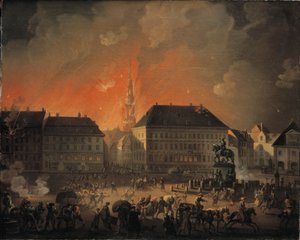أفظع ليلة. منظر لـ Kongens Nytorv في كوبنهاغن أثناء القصف الإنجليزي على كوبنهاغن في الليل بين 4 و 5 سبتمبر 1807 بواسطة كاليفورنيا لورنتزن