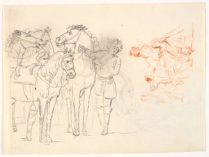 رسمان. رسم تلفزيوني بالقلم الرصاص مع خيول ورجلين. رسم طباشير أحمر مع مجموعة من الشخصيات بواسطة كاليفورنيا لورنتزن