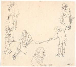 رسم تخطيطي بستة شخصيات ذكور ، اثنان منهم بمجارف ، وثلاثة جالسين ، وشخصية ذكرية بواسطة سي دي فريتزش
