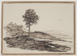 المناظر الطبيعية الجبلية مع الأشجار ، في المنازل الخلفية بواسطة C.F. von Rumohr