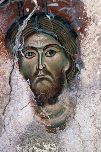 Face of Christ, detail from fresco in the Church of Agios Georgios, Mourne, Crete, Greece (photo) بواسطة جي بي وبراون جيه وروبوتام