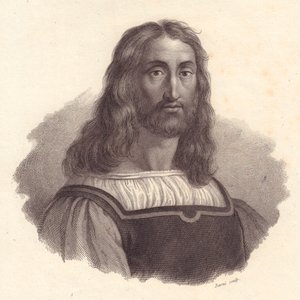 Portrait of Italian engraver Marcantonio Raimondi (1480-1534), copper engraving by Barni from painting by Raffaello Sanzio
