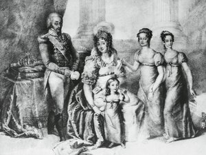 Portrait of Victor Emmanuel I, King of Sardinia and Duke of Savoy, Piedmont and Aosta, with his wife Maria Theresa of Austria-Este and his daughters, Maria Teresa of Savoy (1803-1879), Maria Anna of Savoy and Maria Cristina of Savoy, engraving بواسطة جي بي وبراون جيه وروبوتام