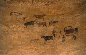 Scene of daily life with livestock, rock art, Tassili n